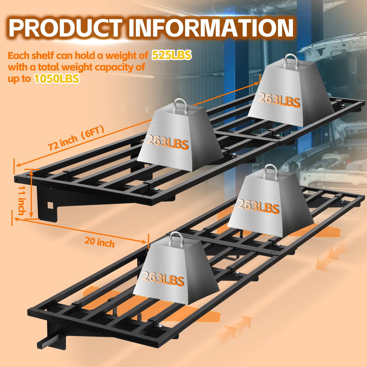 WAREYEASY Garage Wall Shelving with Hooks,2-Pack 1.64 x 6ft Garage Storage Rack,Loads 1050 lbs 20-inch-by-72-inch Heavy Duty Metal Wall Shelf,20” x 72” Garage Wall Shelves,Black WAREYEASY