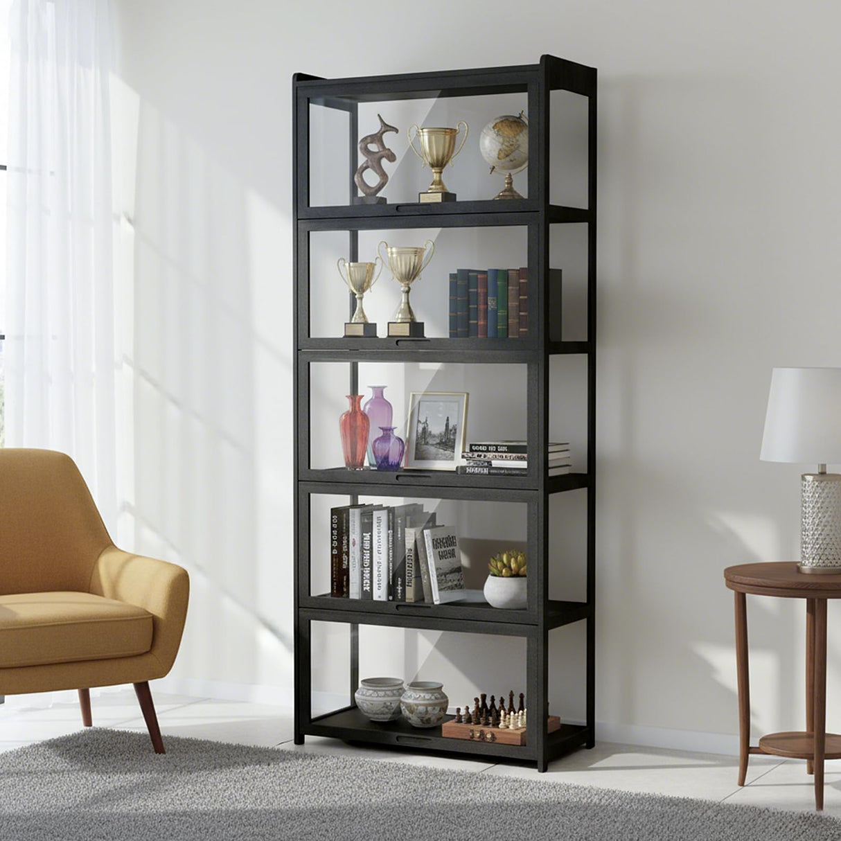 Magshion Display Cabinet with Acrylic Doors, 5-Tier Curio Cabinet for Collectibles, Display Case Showcase for Living Room, Office, 27.5"(L) x 13.5"(W) x 67.5"(H), Black Magshion