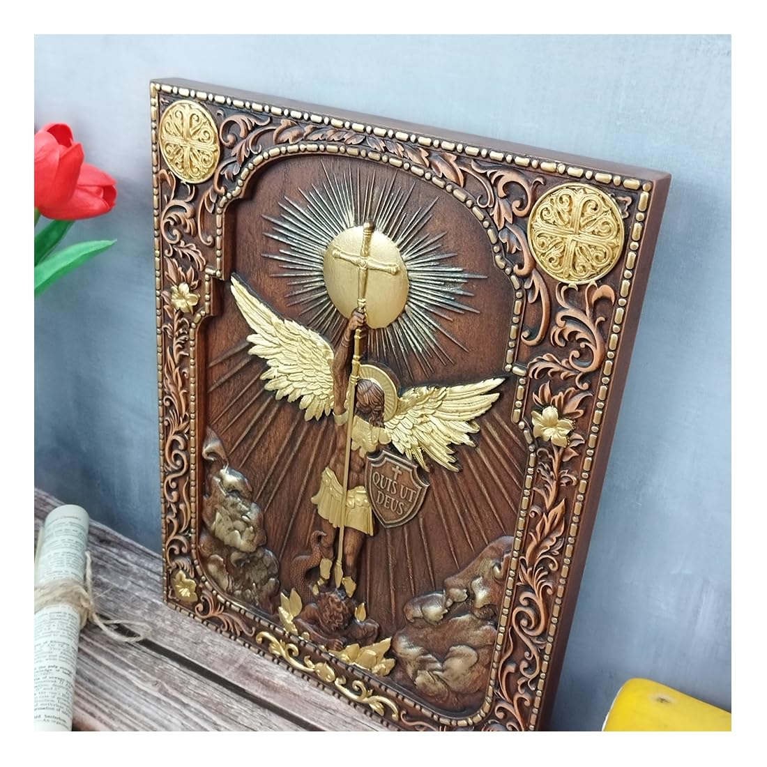 QIADGE Archangel Michael Sculpture Wall Hanging Wooden Carved Home Decor Plaque Personalized Crafts Christian Gift Idea (10 * 8 in) QIADGE