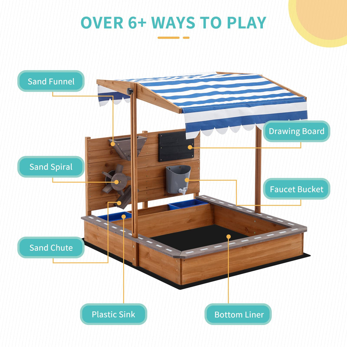 Kids Large Wooden SandBoxes with Roof, Pipleo Outdoor Sand Box Play w/Canopy for Backyard Garden Beach, Sand Pit for Beach Patio Outdoor, [Adjustable Cover & Sand Funnel & Drawing Board] - Brown Oak Pipleo