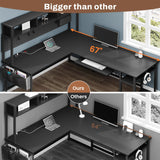 SEDETA L Shaped Gaming Desk, Reversible Computer Desk with Power Outlet and Pegboard, Gaming Desk with Led Lights, Keyboard Tray and Storage Bag for Home Office, Black SEDETA