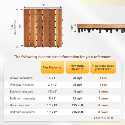 HomeVie 27 PCS Premium Hardwood Interlocking Deck Tiles 12" x 12", Durable and Waterproof All-Weather, Striped Pattern, Golden Teak - WoodArtSupply