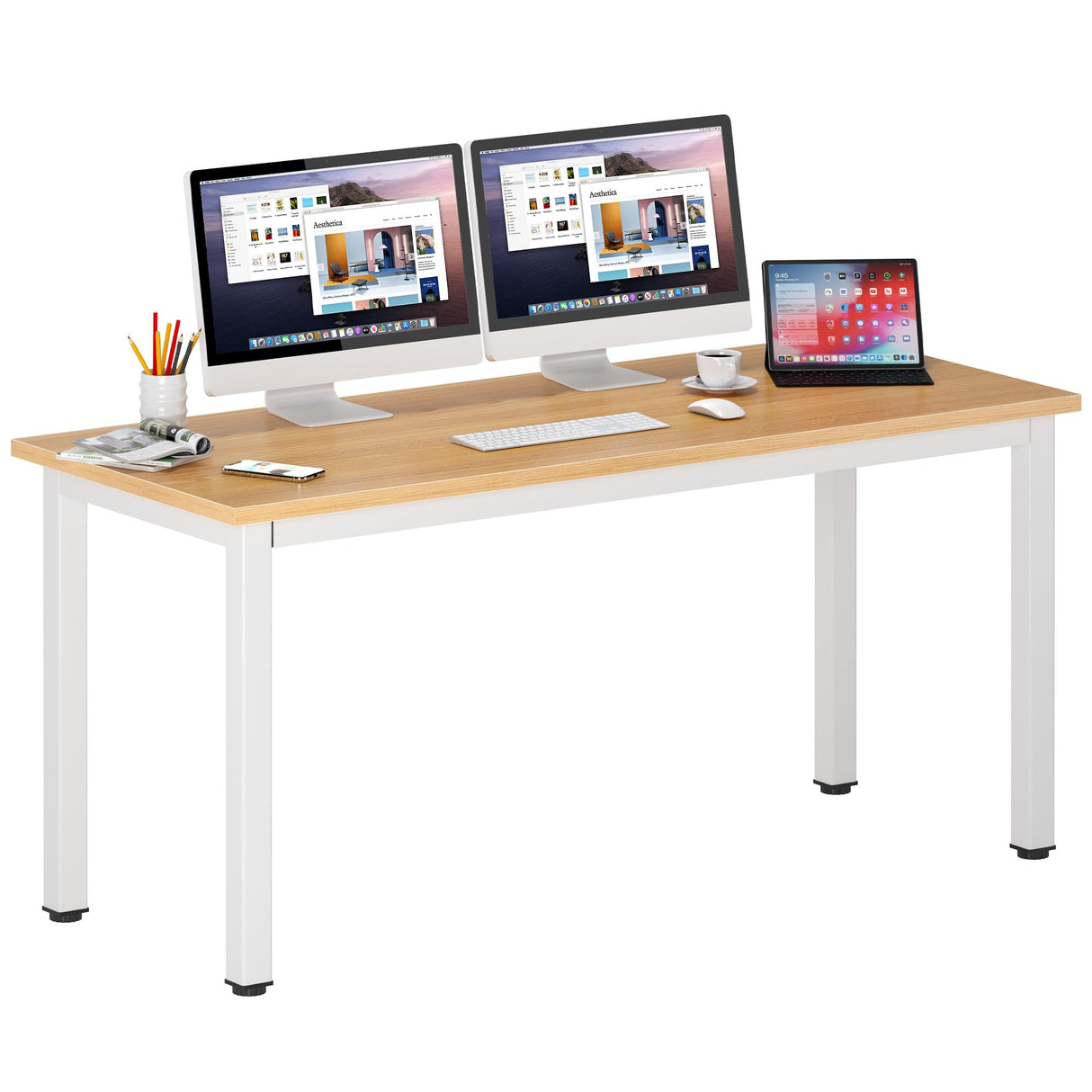 DlandHome 63 inches X-Large Computer Desk, Composite Wood Board, Decent and Steady Home Office Desk/Workstation/Table, BS1-160TW Teak and White Legs, 1 Pack DlandHome