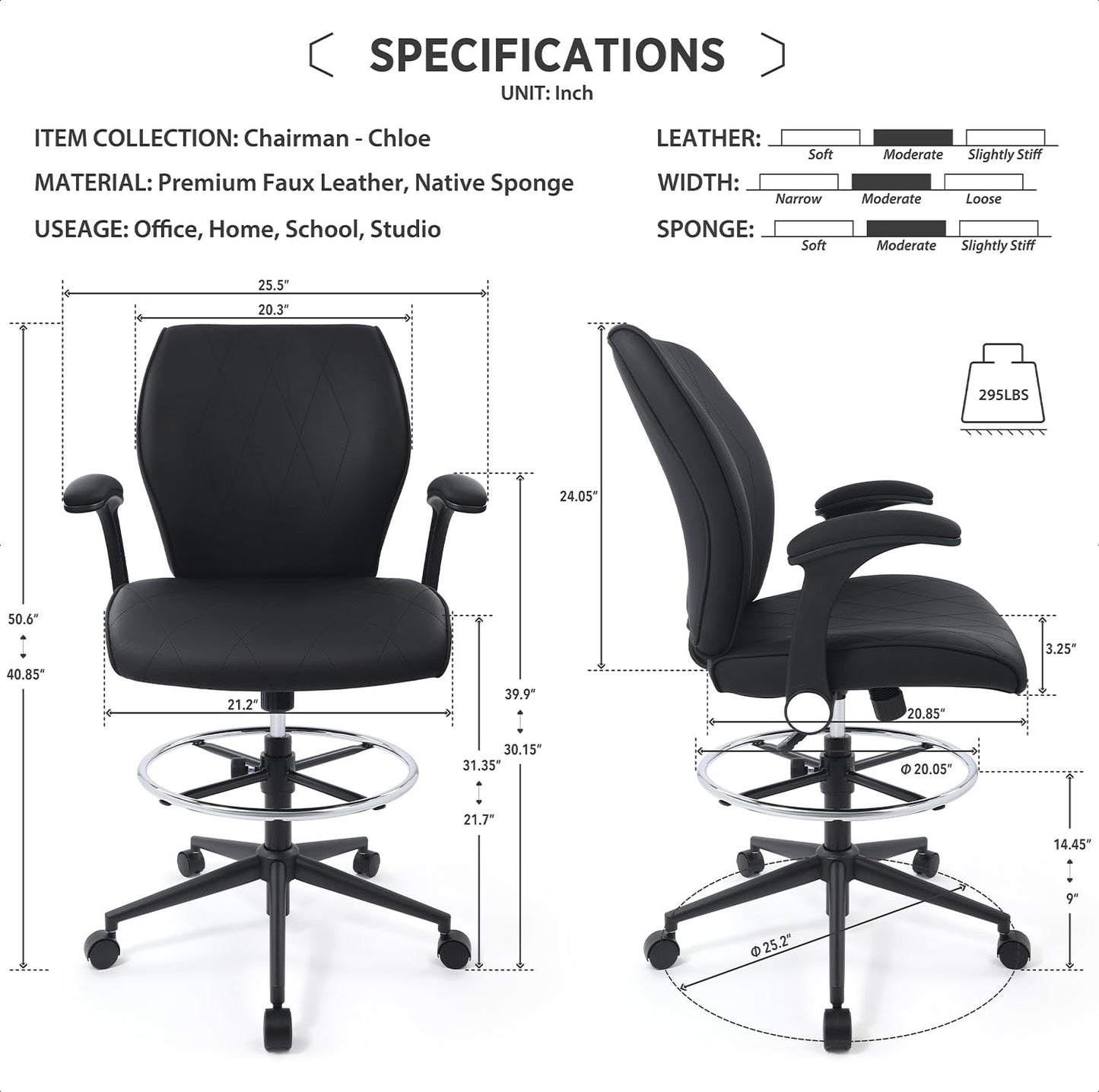 Ergonomic Mid-Back Leather Adjustable Drafting Chair with Flip-up Arms and Foot Ring, Standing-Desk Matched Tall Swivel Computer Office Stool, Black