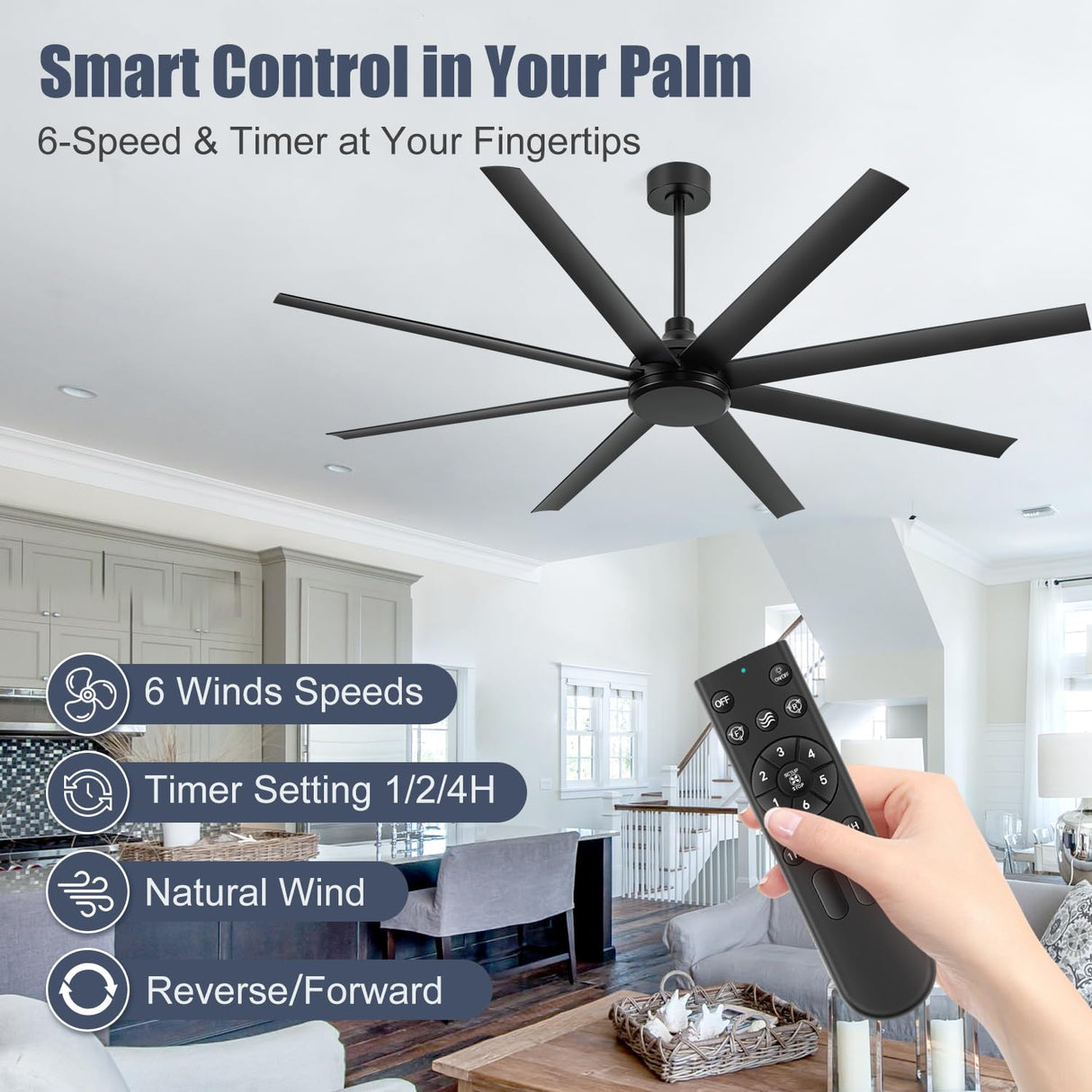 72 inch Ceiling Fans without Light Remote Control, 8 Reversible Blade, Quiet DC Motor, Timer Function, 6-Speed, Industrial Ceiling Fan No Light for Bedroom Home Kitchen (Black) Breezary