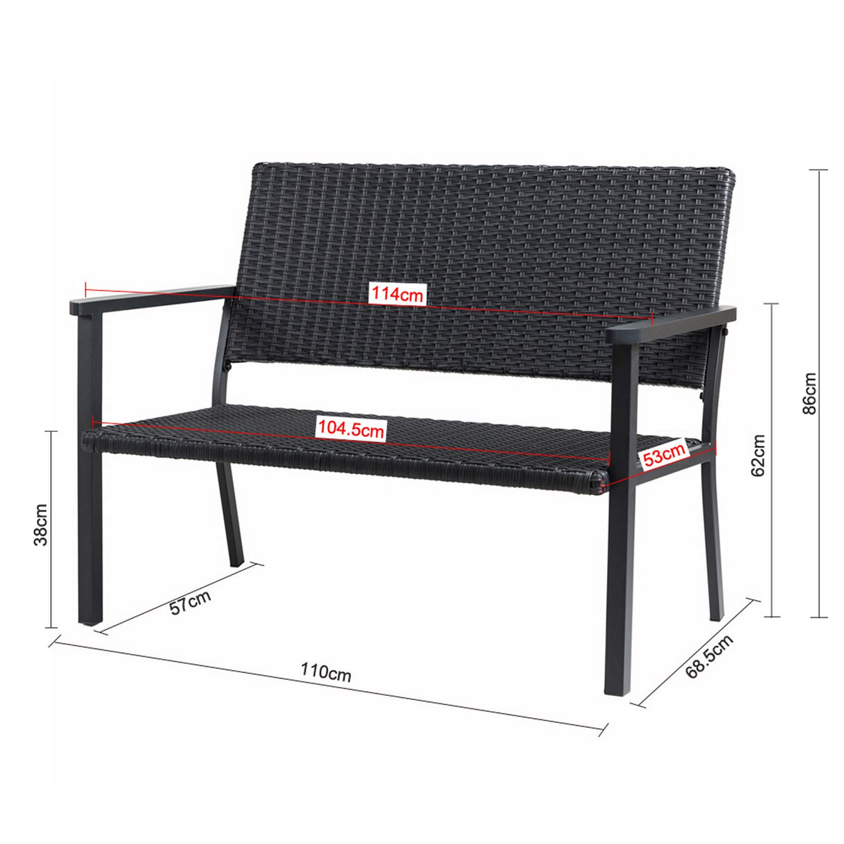 C-Hopetree Outdoor Loveseat Bench Chair for Outside Patio Porch, Metal Frame, Black All Weather Wicker C-Hopetree