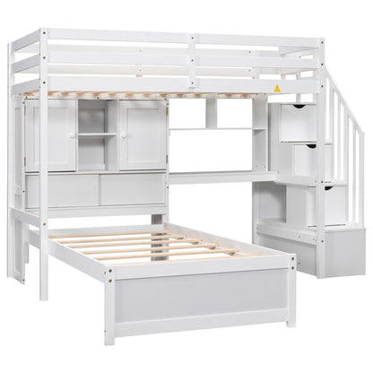 Twin over Twin Bunk Bed with Stairs and Desk, Solid Wood Loft Bed with Storage Shelves and Drawers, Stairway Bunk Bed Frame with Bookcase Headboard for Kids Teens Adults - White