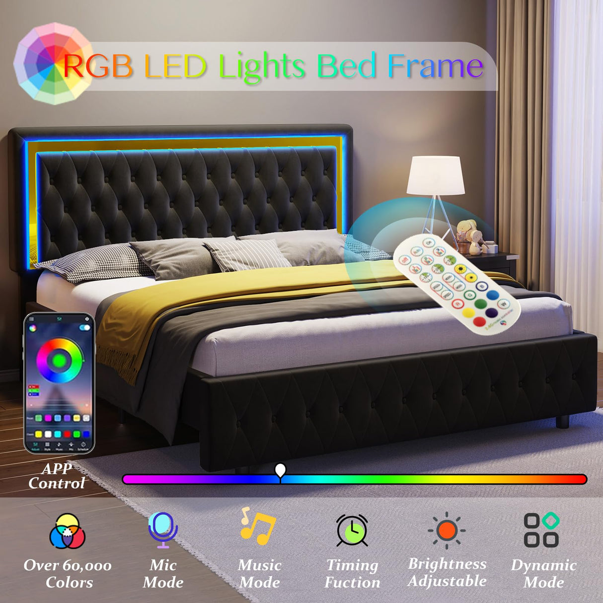Jocisland Full Bed Frame with LED Lights Headboard&Footboard, Velvet Upholstered Full Size Platform Bed Frame No Box Spring Needed/Black Jocisland