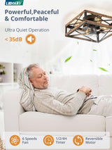 LEDIARY Caged Low Profile Ceiling Fans with Lights and Remote, Rustic Square Flush Mount Ceiling Fan, 6 Speed and Reversible, Small Farmhouse Bladeless Ceiling Fan for Bedroom, Kitchen, Dining Room LEDIARY