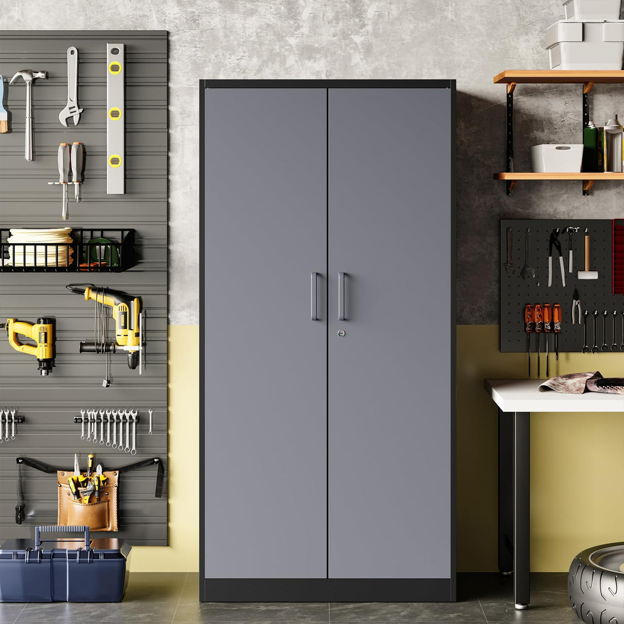 Anxxsu Metal Garage Storage Cabinet, 71" Locking Storage Cabinet with 2 Doors and 4 Adjustable Shelves, Lockable Metal Cabinet for Office,Home,Garage,Gym,School（Gray Black） Anxxsu
