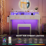 YITAHOME Modern Vanity Desk with Stool, Small Makeup Table with Drawers and RGB Lights, Power Outlet, Interchangeable Side Hook & Side Pocket, No Mirror Design (31.5 x 15.7 x 34.3 Inches, Pearl White) YITAHOME