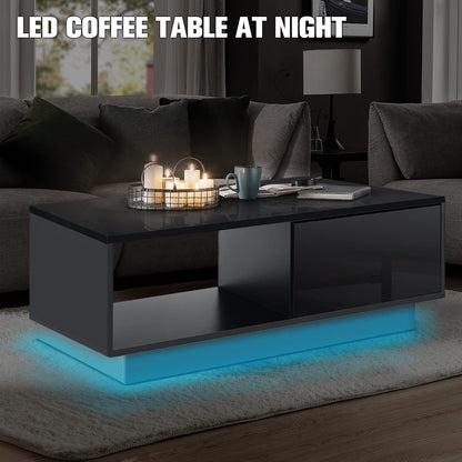 HOMMPA Led Coffee Table Black Low Profile Matte Coffee Table with High Gloss Tabletop and Storage Drawers Modern Small Center Coffee Table with Plug in Wired Led Light for Living Room 13" Tal - WoodArtSupply