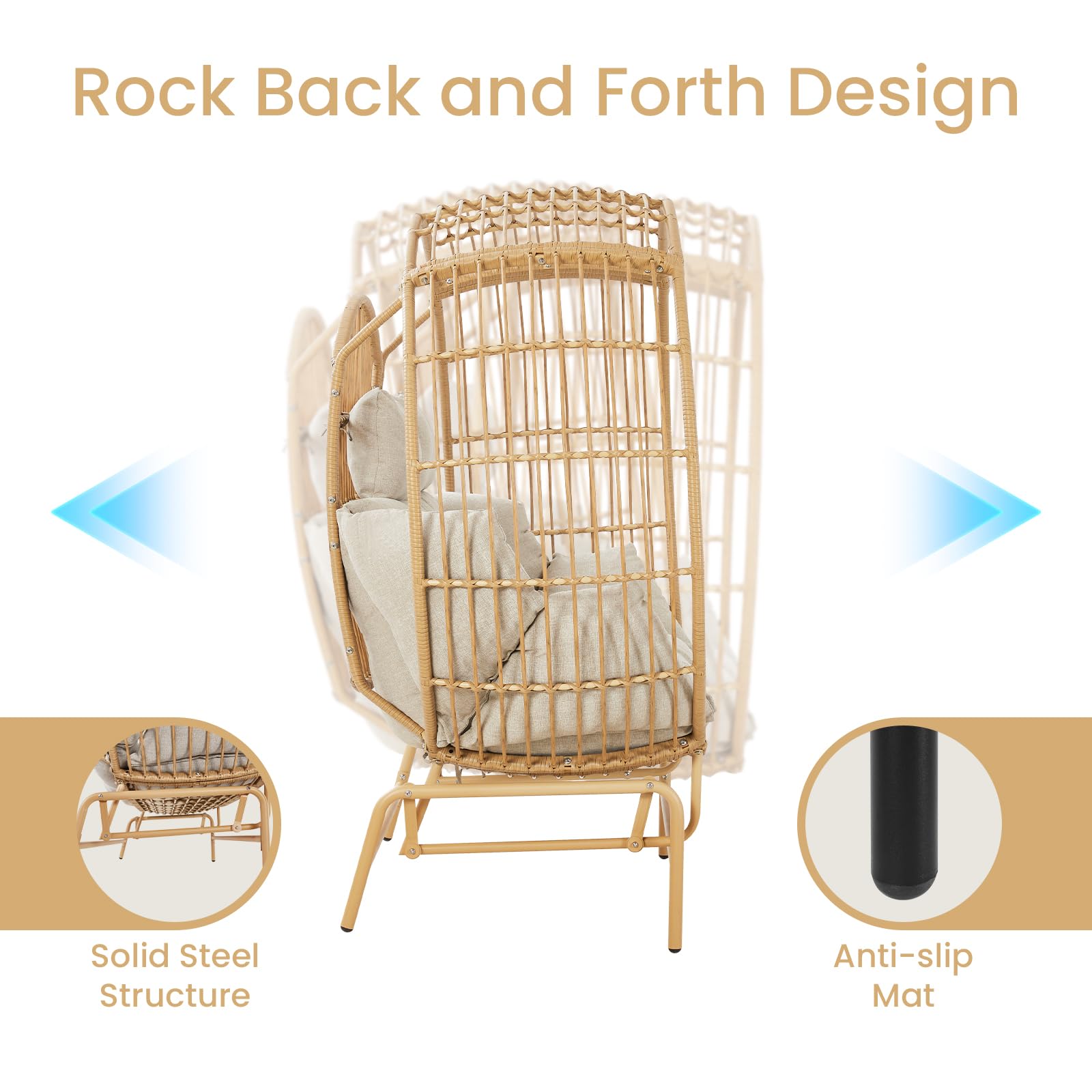 LUMIINOFAMI Outdoor Glider Egg Chair, Oversized 2 Person Egg Rocking Chair with Thick Cushions, Wicker Egg Chair Rattan Porch Furniture Loveseat Lounge Chair for Bedroom Sunroom Backyard(Yell - WoodArtSupply