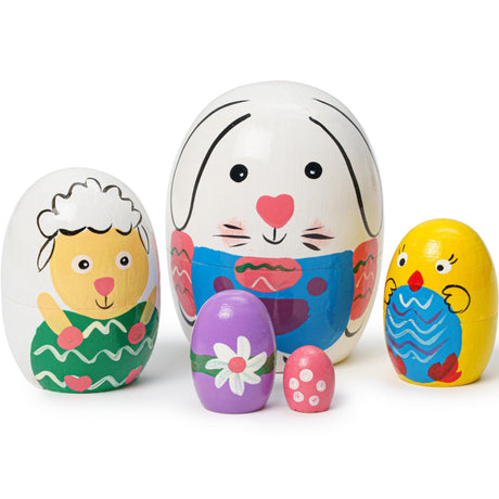 SWANGSA 5 Pieces Egg Shape Russian Nesting Dolls, Cute Bunny Sheep Chick Flower Handmade Wood Matryoshka Stacking Dolls for Kids Easter, Christmas, Birthday Wishing Gift, Home Decoration SWANGSA