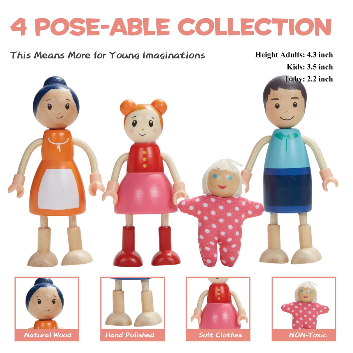 Giant bean Wooden Dollhouse Furniture Set, 36pcs Furnitures with 4 Family Dolls, Dollhouse Accessories Pretend Play Furniture Toys for Boys Girls & Toddlers 3Y+, Pink Giant bean