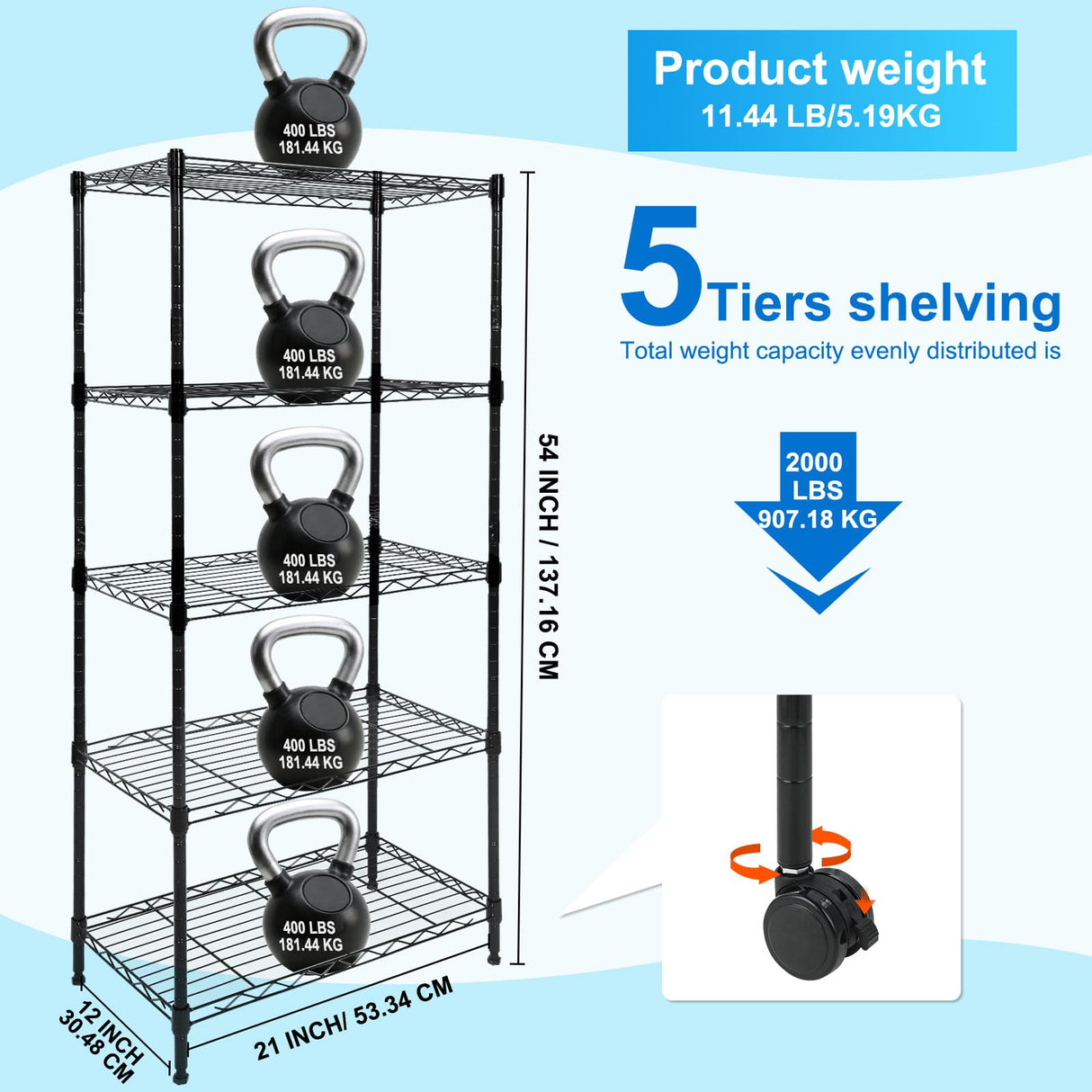 Whitmor 5 Tier Shelving Unit, Adjustable Storage Shelves with Wheels, Wire Shelving, 400 lbs Capacity per Shelf, Max 2000 lbs Total for Laundry, Garage, Plant, 21" L x 12" W x 54" H, Black Whitmor