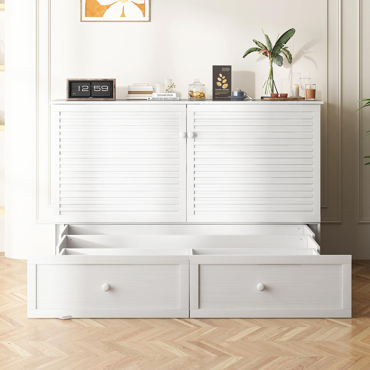 BALUS Queen Murphy Bed, Chest Murphy Beds with USB Chariging Station & Storage Drawer, Wooden Cabinet Beds with Tri Fold Mattress, Queen Hidden Bed for Living Room/Bedroom -White BALUS