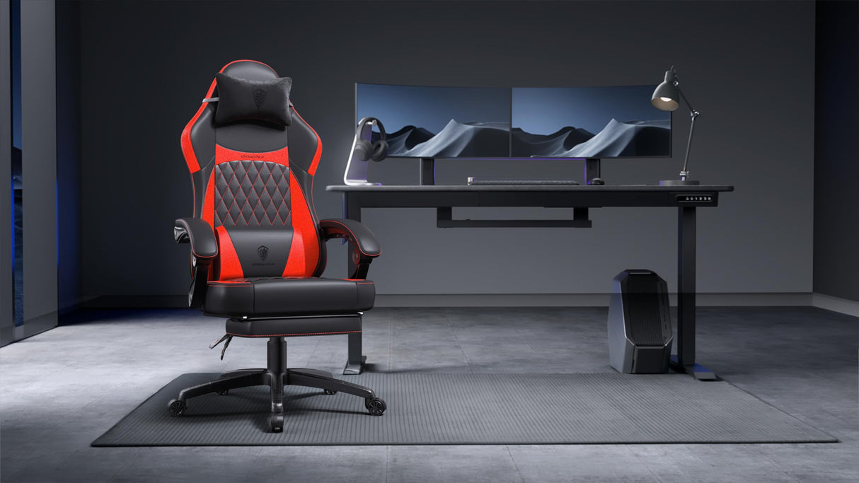 Dowinx Gaming Chair with Pocket Spring Cushion, Ergonomic Computer Chair with Massage Lumbar and Footrest for Adults, High Back Game Chair Leather for Office Gaming 300LBS, Red New Dowinx