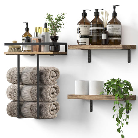 QHMCHLDZ Towel Racks for Bathroom-Wall Mounted Floating Shelves for Wall Bathroom Bedroom Kitchen Living Room, Hanging Book Shelves Decor Bathroom Organizer, 16 inch Solid Wood, Carbonized Wood Color QHMCHLDZ