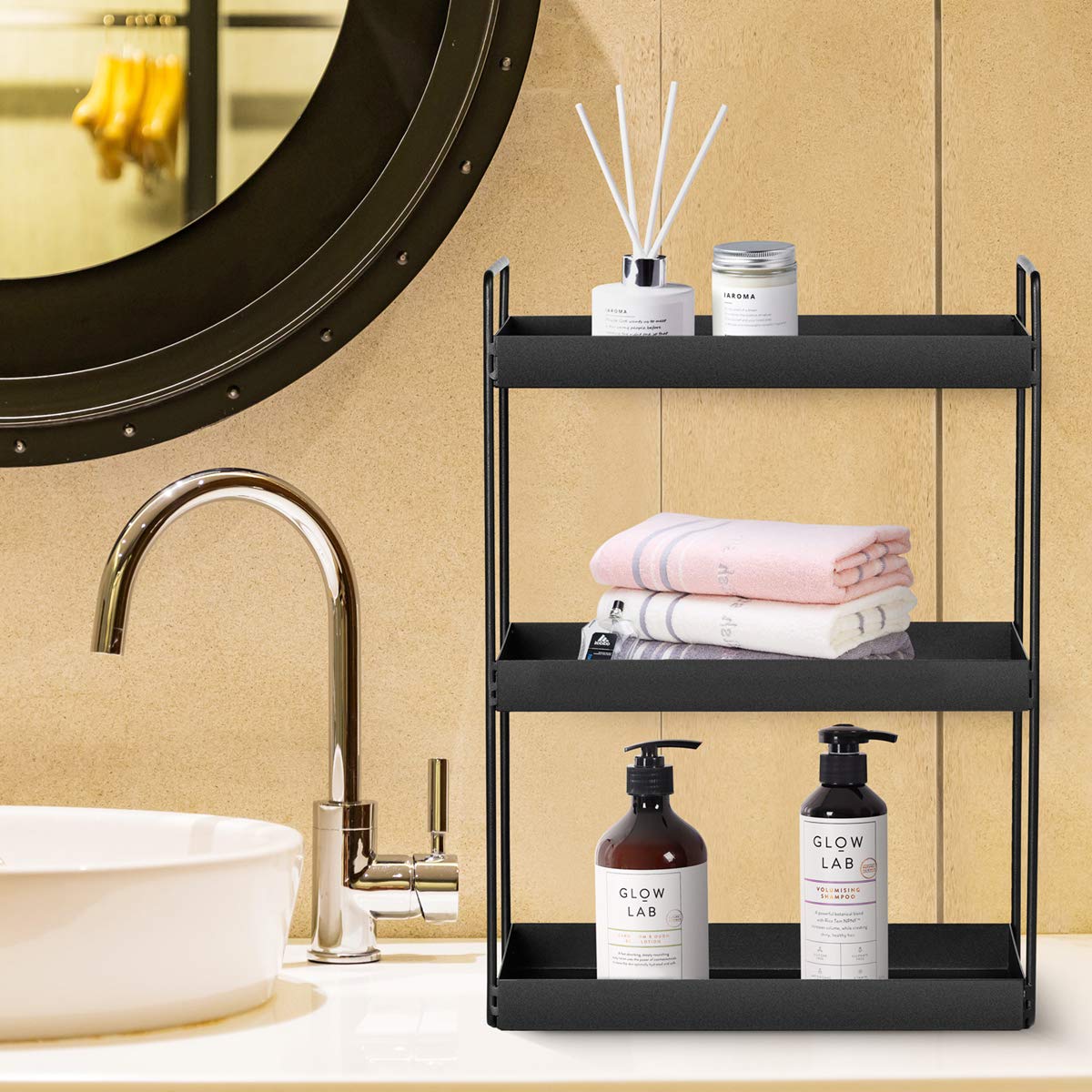 3-Tier Bathroom Countertop Organizer Vanity Tray Cosmetic & Makeup Storage Kitchen Spice Rack Standing Shelf, Black Cedwnuer