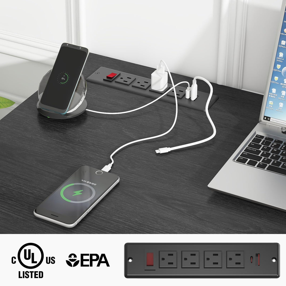 Farmhouse 61'' Executive Desk with 5 Drawers, Rustic Office Desk Computer Desk with Charging Station, File Drawers and Storage Cabinet, Wood Workstation for Home Office and Study.(Black Top) Vabches