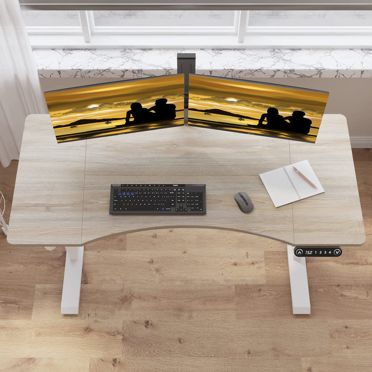 Jceet Adjustable Height Electric Standing Desk - 55 x 30 Inch Sit Stand Computer Desk with Splice Board, Stand Up Desk Table for Home Office, White Frame/Oak Top(with Radian) Jceet