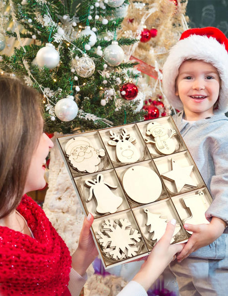 Wohohoho 45Pcs Unfinished Paintable Blank Wooden Christmas Ornaments with Tray, 9 Designs DIY Predrilled Wood Ornaments for Crafts. Christmas Tree Hanging Decorations Xmas Art Birthday Gift for Kids wohohoho
