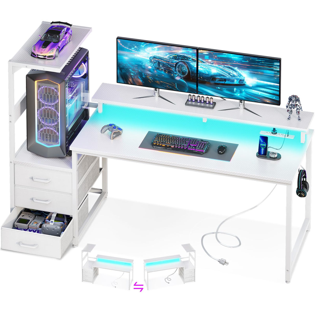 AODK 59 Inch Gaming Desk with USB Charging Ports & LED Light- Reversible Computer Desk with Storage Shelves & Monitor Stand, Modern Gamer Desk Table with Fabric Drawers & Side Hook, Carbon Fiber White AODK