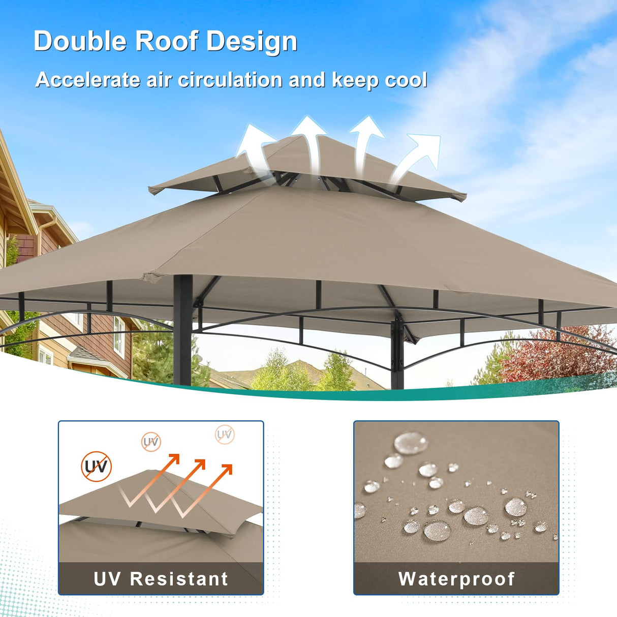 COBANA Grill Gazebo 8’x 5’ Outdoor Patio Backyard BBQ Grill Shelter Double Tiered Soft Canopy Top with Steel Frame and Bar Counters, Beige COBANA