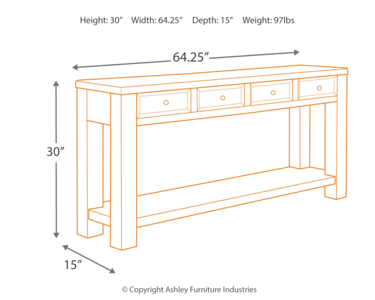 Signature Design by Ashley Gavelston Rustic Sofa Table with 4 Drawers and Lower Shelf, Weathered Black - WoodArtSupply