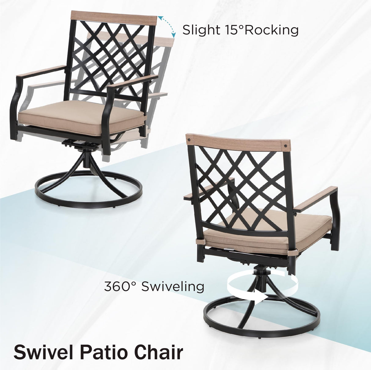 PHI VILLA 5-Piece Outdoor Dining Set, 4 Steel Metal Swivel Patio Chairs & 1 Square Dining Table, Wood-Like Pattern Armrest PHI VILLA