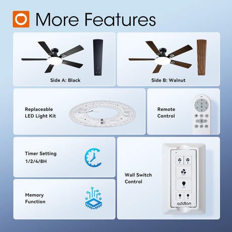 addlon Ceiling Fans with Lights, 52 inch Flush Mount Ceiling fan with Remote Control, Wall Remote, Reversible, 5CCT, Dimmable, Noiseless DC Motor, Black Low Profile Ceiling Fan for Bedroom, Farmhouse addlon