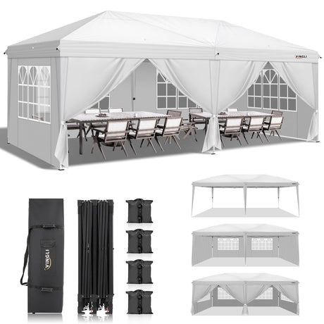 VINGLI 10x20 ft Pop Up Canopy Tent with 6 Sidewalls, Canopy 10x20 with Carry Bag, Outdoor Gazebo Canopy Tent Camping Tent, Patio Event Tent Outdoor Canopy Commercial Canopy(White) VINGLI