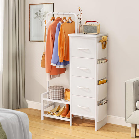 LZNIOZ Dresser with Hanging Rack - 52" Tall Clothes Rack with Drawers, 4 Drawers & 4 Side Bags, Fabric Chest of Drawers with with Bottom Shelves, Kids Dresser for Bedroom, Living Room-White LZNIOZ