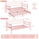 GarveeHome Twin Metal Daybed with Trundle, Premium Steel Slat Support, Space Saving Trundle Sofa Bed for Living Room, Bedroom and Guest Room, Pink GarveeHome