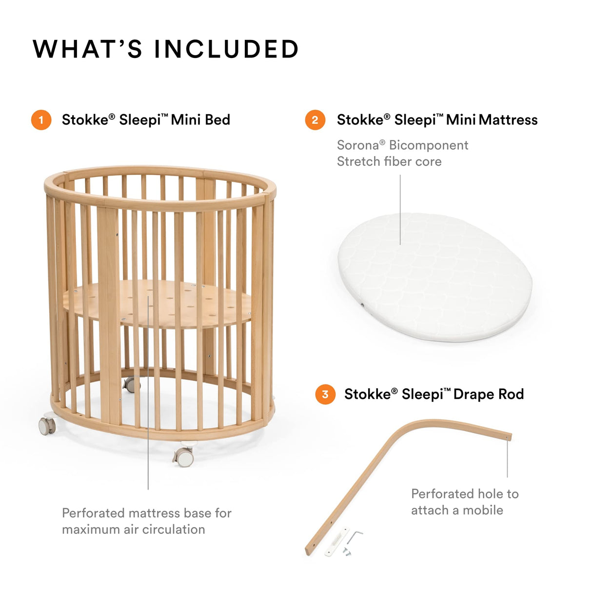 Stokke Sleepi Mini Bundle, Natural - Includes Crib/Bed, Mattress & Drape Rod - Suitable for Ages 0-5 Years Old - Adjustable & Stylish Stokke