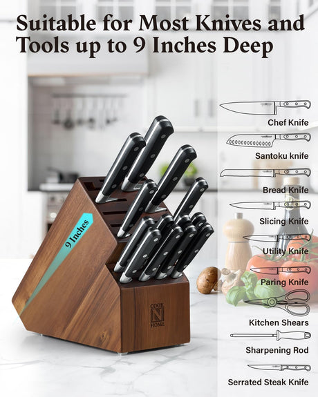 Cook N Home Acacia Wood Knife Storage Block without Knives, 20 Slot Universal Knife Holder Countertop Butcher Block Knife Stand for Easy Kitchen Storage Cook N Home