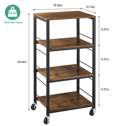 YBING Kitchen Island Cart Utility on Wheels Rolling Cart with Storage Organizer 4-Tier Farmhouse Serving Cart Stand with Wood Tabletop Shelf Units for Bathroom Office Industrial Brown