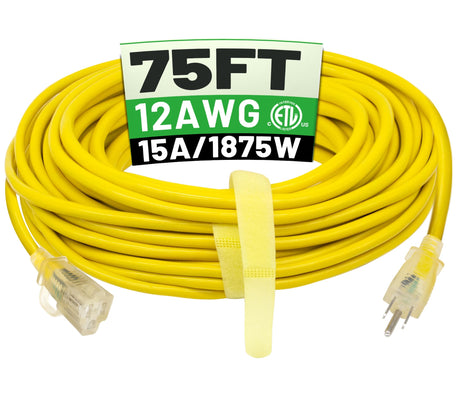 POWGRN 12/3 75 Ft Outdoor Extension Cord Waterproof Heavy Duty with Lighted Indicator 12 Gauge 3 Prong, Flexible Cold-Resistant Long Power Cord Outside, 15Amp 1875W SJTW Yellow ETL Listed POWGRN