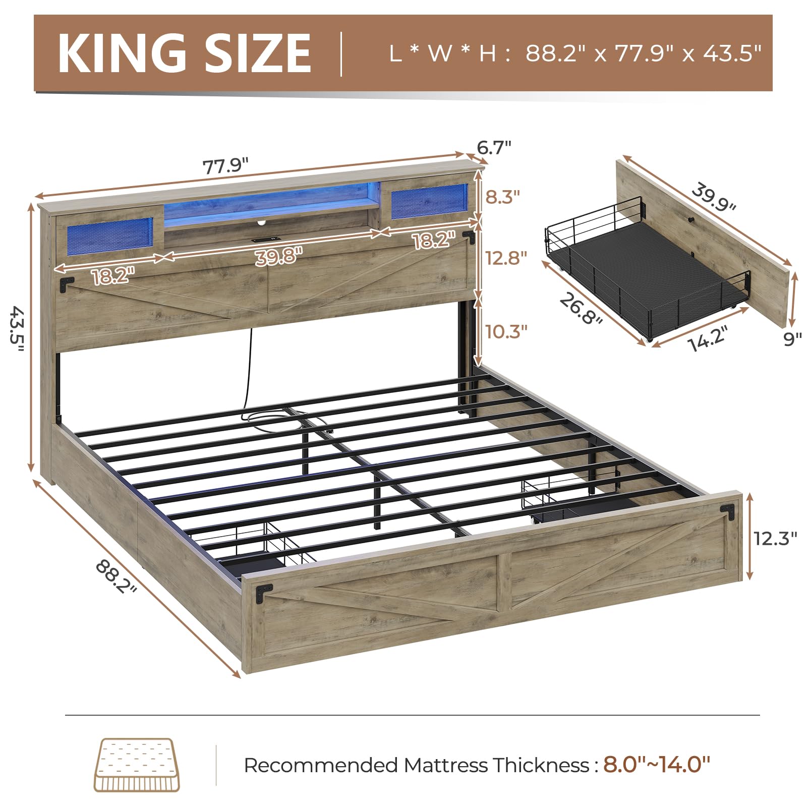 Hasuit Rustic Brown King Size Farmhouse Bed Frame with Bookcase Headboard, LED Lights, and Built-in Charging Station - WoodArtSupply