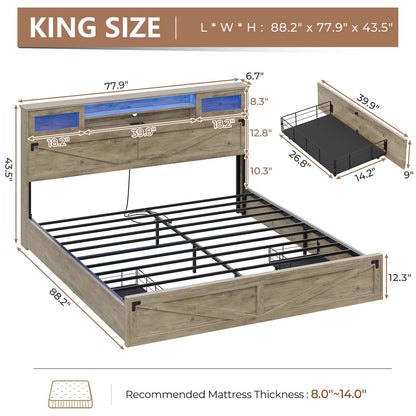 Hasuit Rustic Brown King Size Farmhouse Bed Frame with Bookcase Headboard, LED Lights, and Built-in Charging Station - WoodArtSupply