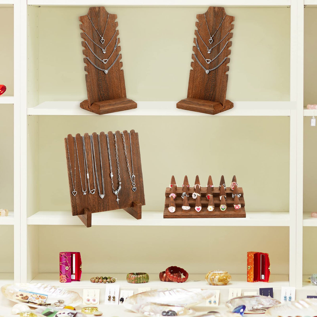 Jerify 4 Pieces Wood Necklace Display Holder Wood Plank Necklace Jewelry Display Ring Display for Selling Necklace Holder Stand Finger Ring Display for Jewelry Showcase Storage Home Display Jerify