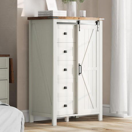 LUXOAK 48" Tall Farmhouse 5 Drawers Dressers for Bedroom, Vintage Dresser Closet, Storage Cabinet with Sliding Barn Door, Organizer TV Stand for Living Room, Rustic White LUXOAK