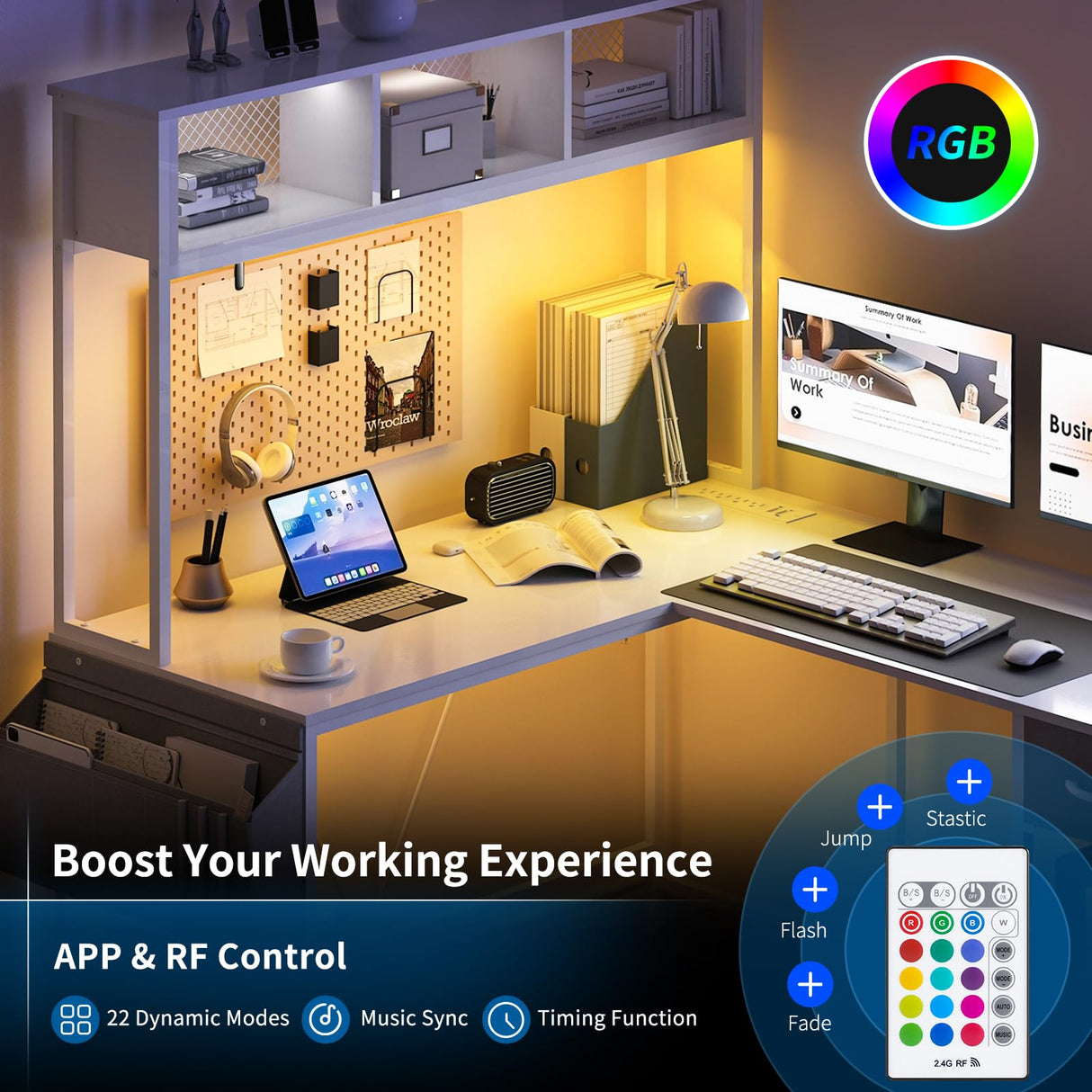 Yoobure L Shaped Desk Gaming Desk with LED Strip & Power Outlet, Reversible L-Shaped Computer Desk with Storage Shelf & Drawer, Corner Desk with Storage Bag, 2 Person Home Office Desk, White Yoobure