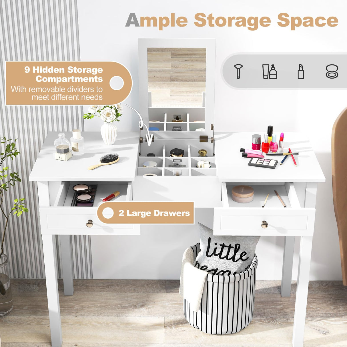 CHARMAID Makeup Vanity Desk - 44 inch White Vanity Desk with Flip Top Mirror, 2 Large Drawers, 9 Storage Compartments, Girls Makeup Dressing Table Writing Desk for Bedroom Home Office CHARMAID