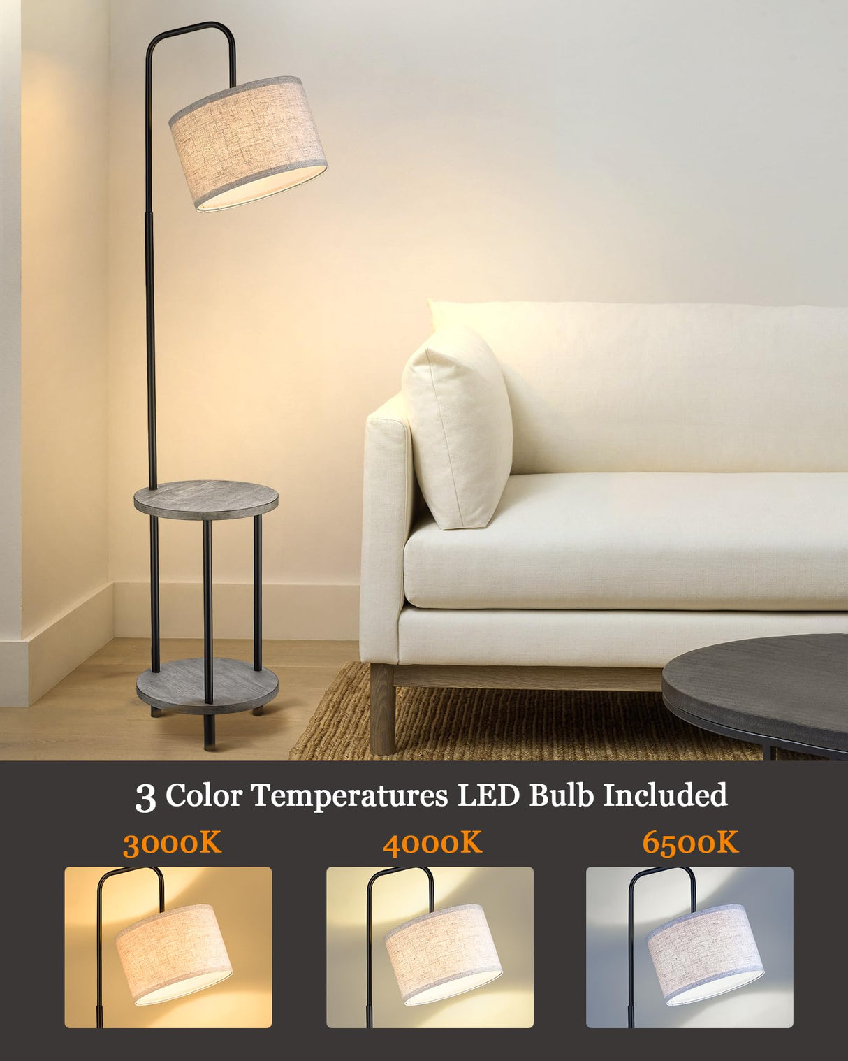 ELYONA Solid Wood Floor Lamp - Rustic Side Table Lamp for Bedroom & Living Room - Mid Century Modern Floor Lamp with 3 Color Temperatures LED Bulb - Industrial Tall Pole Reading Standing Light - Grey ELYONA