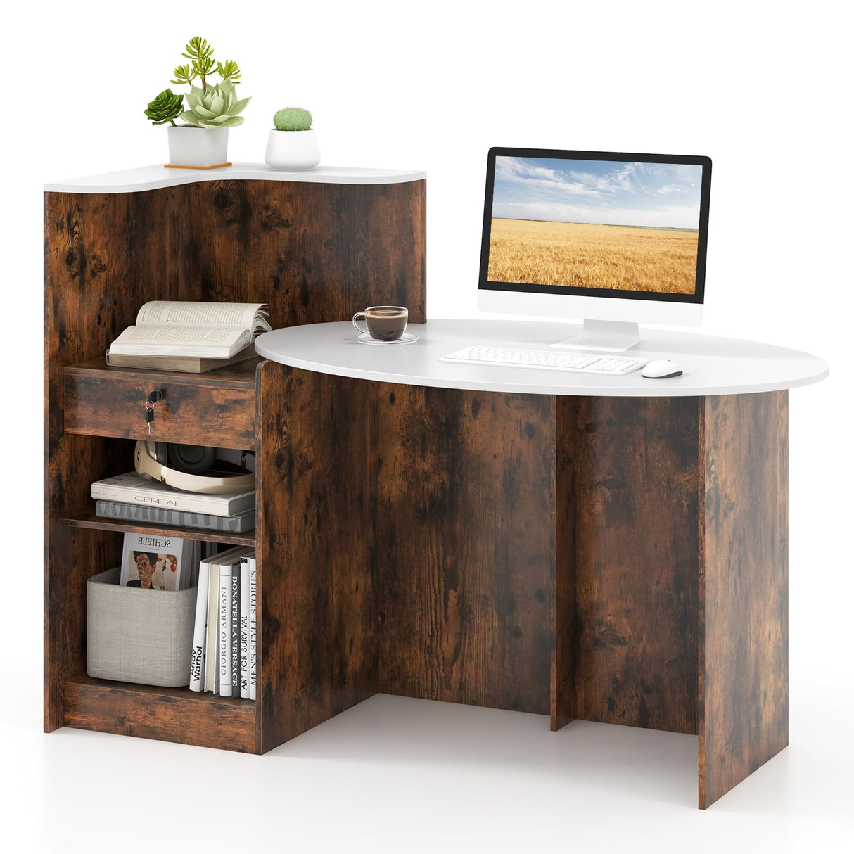 Tangkula Reception Desk, Front Counter Desk with Lockable Drawers, L Shaped Retail Counter with Oval Desktop, Checkout Computer Workstation for Salon Lobby Home Office Tangkula