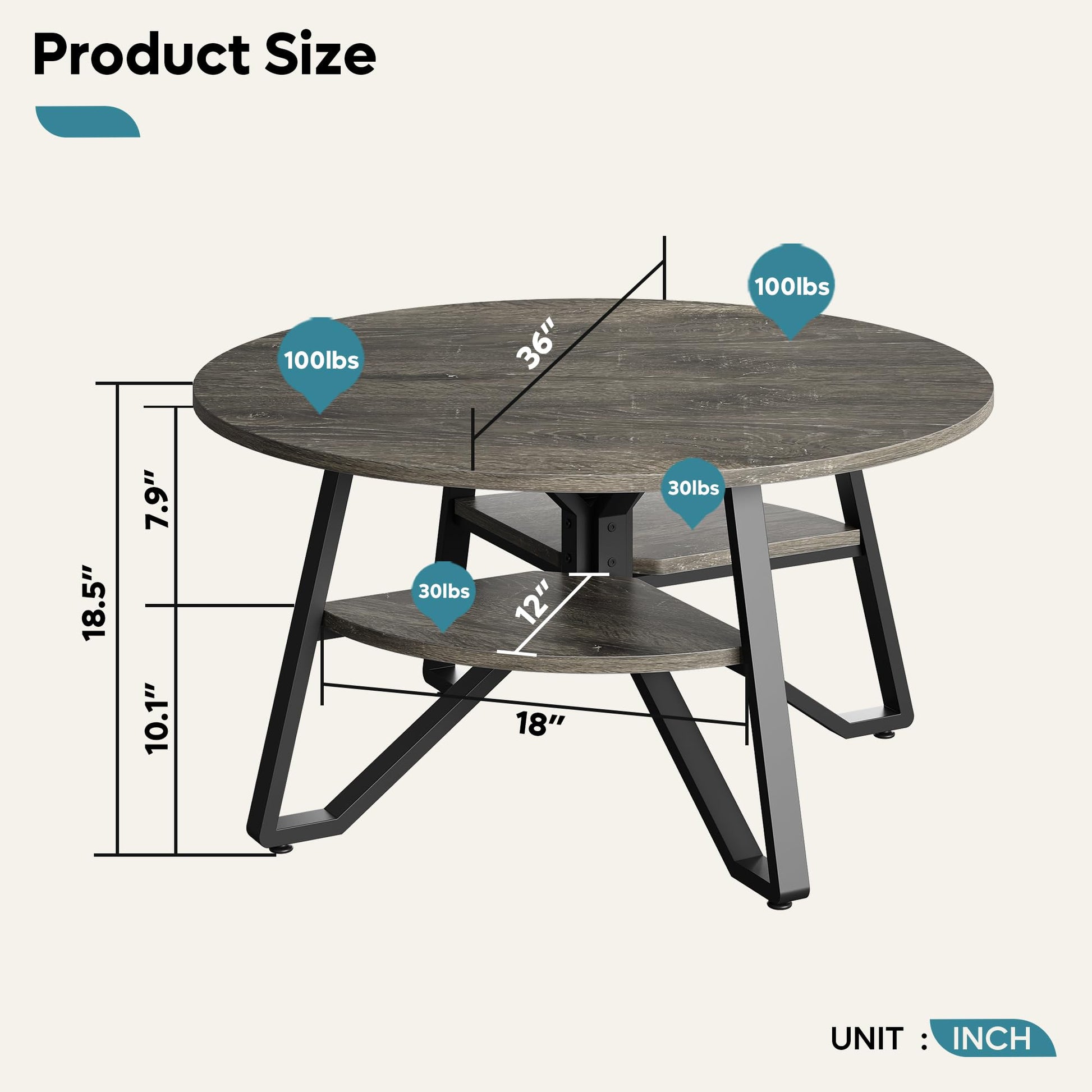 Bestier 36 Inch Round Coffee Table for Living Room, 2 Tier Modern End Table with Storage Shelf, Wood Farmhouse Circle Table with Sturdy Metal Legs, Gray - WoodArtSupply