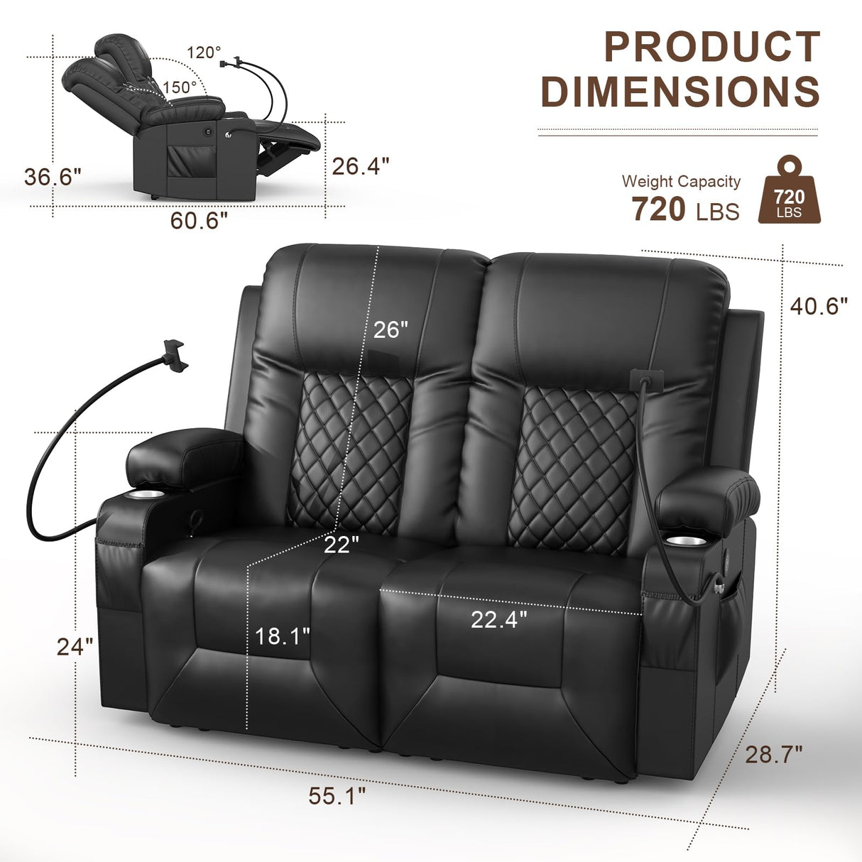 FURNIMAT Loveseat Recliner Sofa, 2 Seater Reclining Loveseat Sofa, PU Leather Recliner Loveseat Couch, Modern Recliner Chair for Living Room, with Cup Holder and 2 Cell Phone Holder, USB Ports, Black FURNIMAT