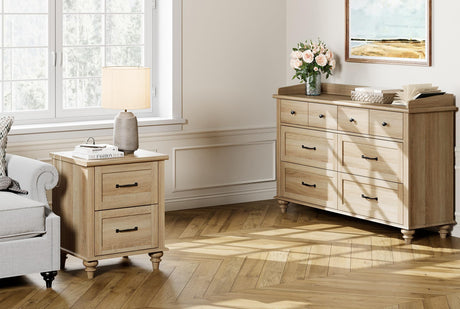 WAMPAT 2 Piece Dresser and Nightstand Sets, Wood Dresser & Chest of Drawers with 6 Drawers & Metal Handle, Farmhouse Side Table Night Stand with Charging Station, 2 Piece Bedroom Set, Oak WAMPAT